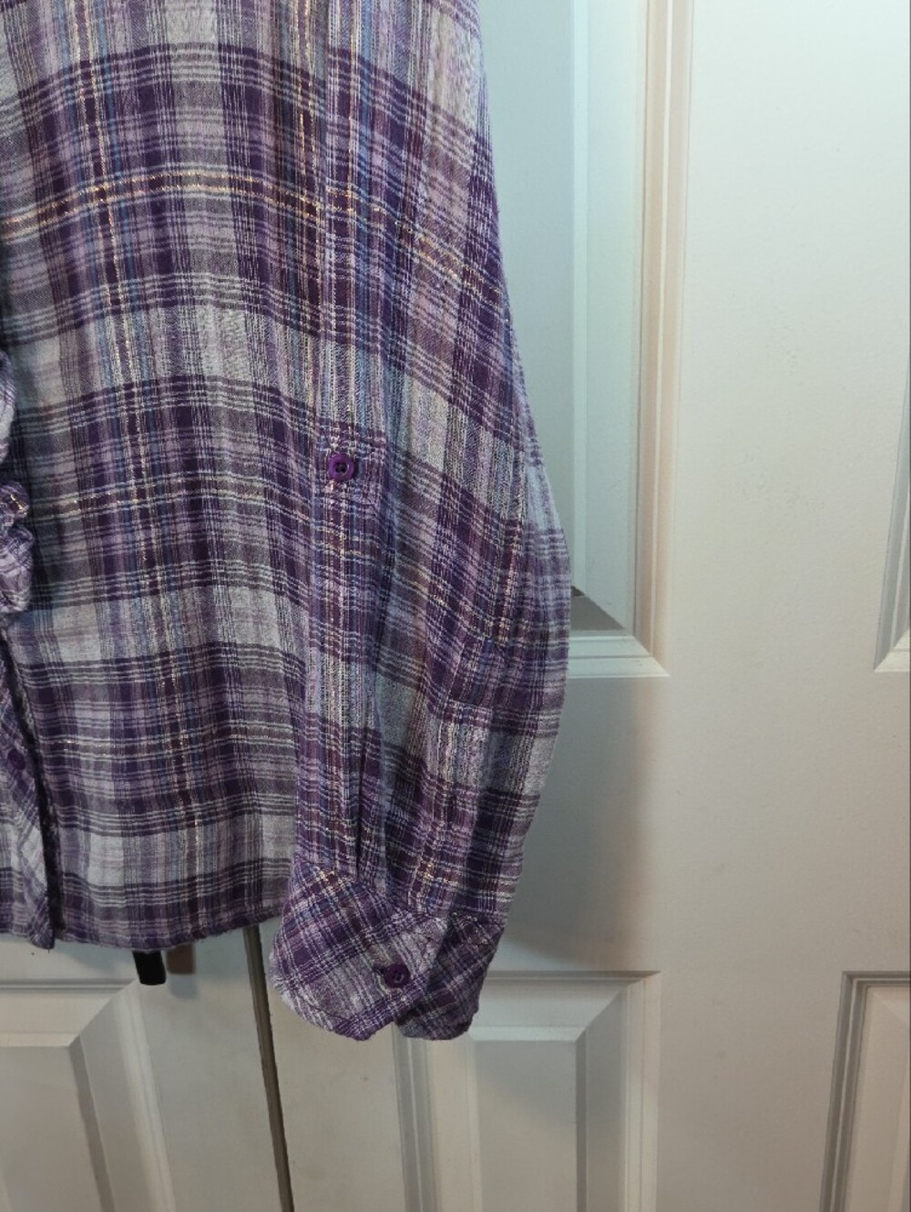 Relativity Lavender Plaid Ruffle-Front Button-Down Shirt - Picture 5 of 14